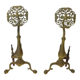 Early 20th Century Brass Andirons With Pierced French Floral Designs- A Pair For Sale