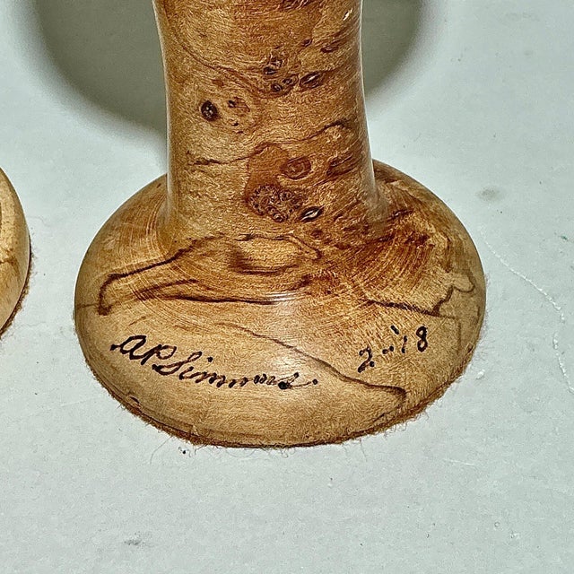 Mid-Century Modern Set of 2 Artist-Made Turned Maple Walnut Wood Goblets Signed Ap Simmons 3&2-18 For Sale - Image 3 of 3