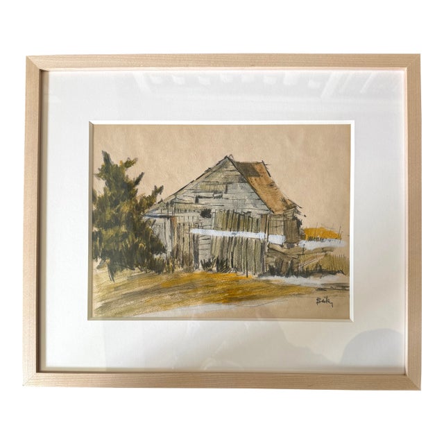 Roy Bailey Nantucket Artist Mixed Media Drawing of an Old Barn For Sale