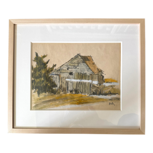 Roy Bailey Nantucket Artist Mixed Media Drawing of an Old Barn