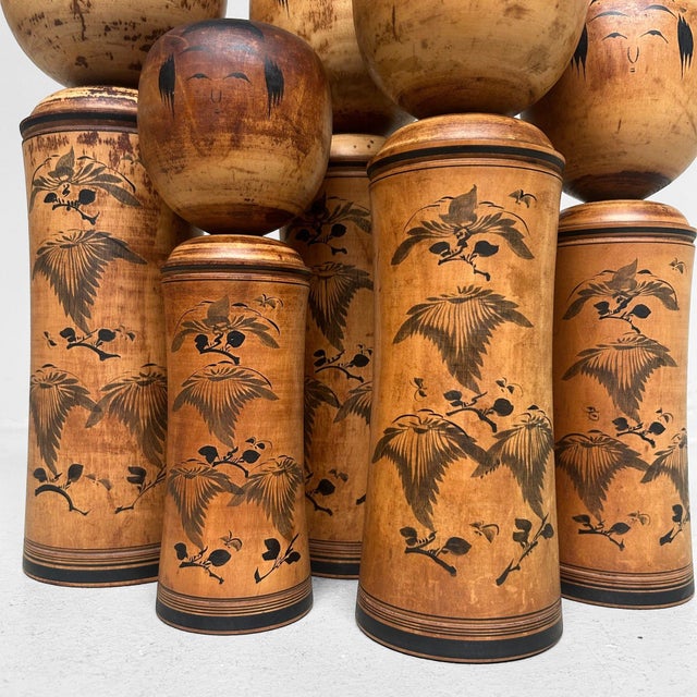 Rare and harmonious set of five traditional Kokeshi dolls by Sakurai Shōji (桜井昭二), master of the Naruko lineage in Miyagi...
