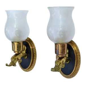 Pair Maison Lancel Brass Eagle Sconce Frosted Opaline Glass Shade France 1950