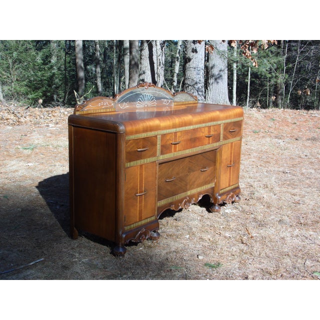 Vintage Walnut Art Deco Waterfall Buffet Server Sideboard Credenza