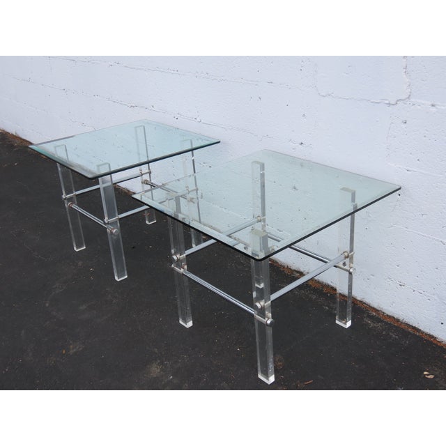 Hollywood Regency Hollywood Regency Lucite Acrylic Glass Top Pair of Side Tables 6592 For Sale - Image 3 of 18