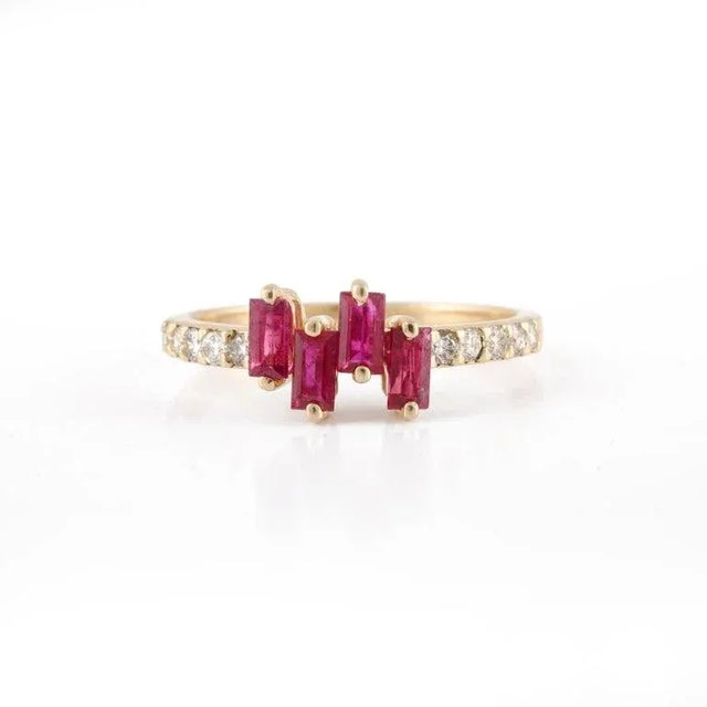 Baguette Cut Ruby Diamond Proposal Ring in 14k Solid Gold Size 7 For Sale - Image 4 of 15