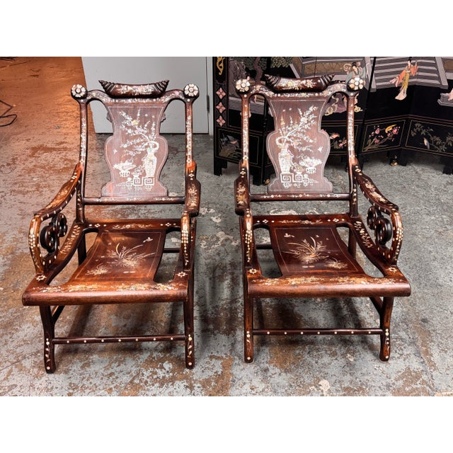 Chinoiserie Vintage Chinoiserie Mother-of-Pearl Moon Gazing Recliner Chairs, Pair For Sale - Image 3 of 12