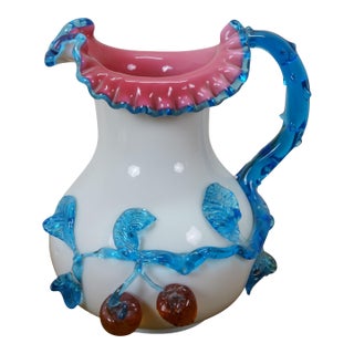 Antique Bohemian Uranium Custard Glass Ruffled Clambroth Cherry Pitcher 9" For Sale