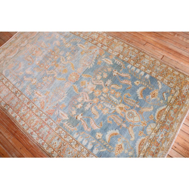 Textile Early 20th Century Zabihi Collection Sky Blue Peach Persian Sarouk Accent Rug - 4'3" x 6'7" For Sale - Image 7 of 10