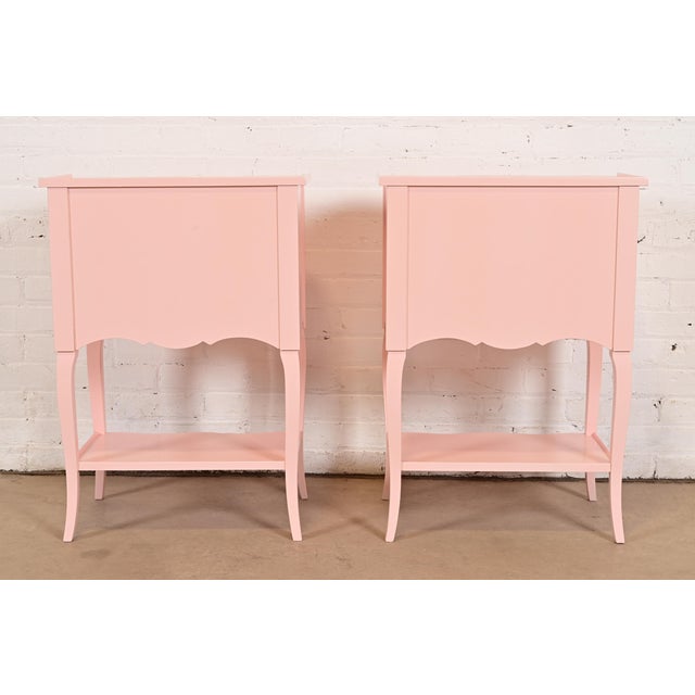 John Widdicomb French Provincial Louis XV Pink Lacquered Nightstands, Newly Refinished For Sale - Image 14 of 15