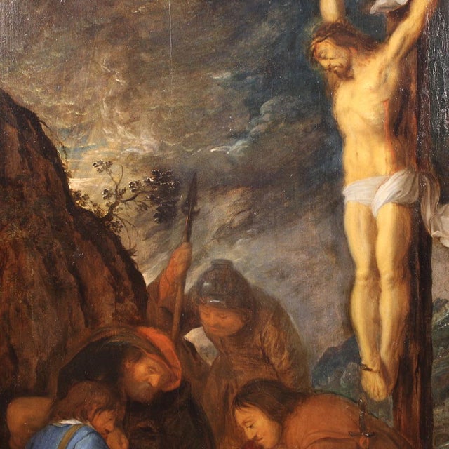 Unknown, Crucifixion with Soldiers, 1650, Oil on Panel, Framed For Sale - Image 9 of 16