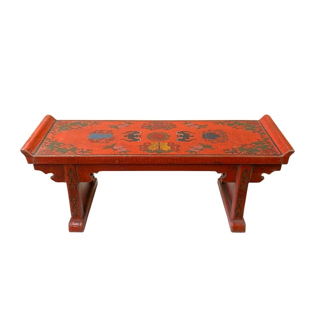 Chinese Distressed Red Treasures Graphic Rectangular Stand Display For Sale - Image 4 of 12