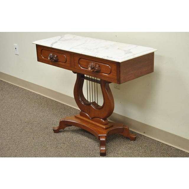 Vintage Victorian Mahogany Marble Top Lyre Harp Base Table Console