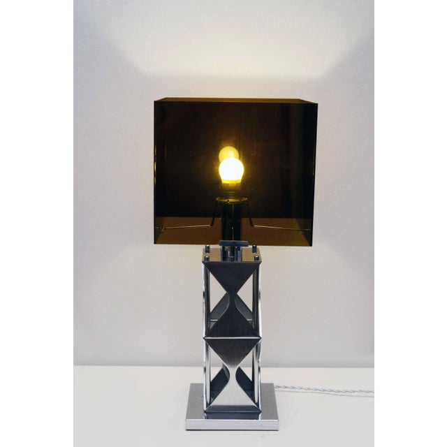 Smoked Acrylic Glass &amp; Satin Steel Table Lamp, 1970s For Sale - Image 4 of 8