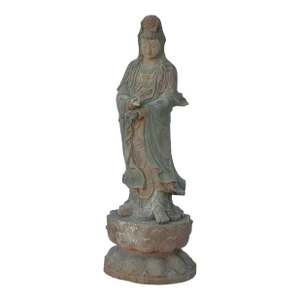 Vintage Rustic Wood Apana Mudra Standing Bodhisattva Guan Yin Statue