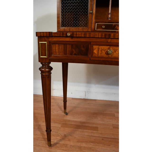 Hepplewhite 1930s Wieman Hepplewhite Style Leather Top Mahogany Inlaid Writing Desk With Bookcase For Sale - Image 3 of 18