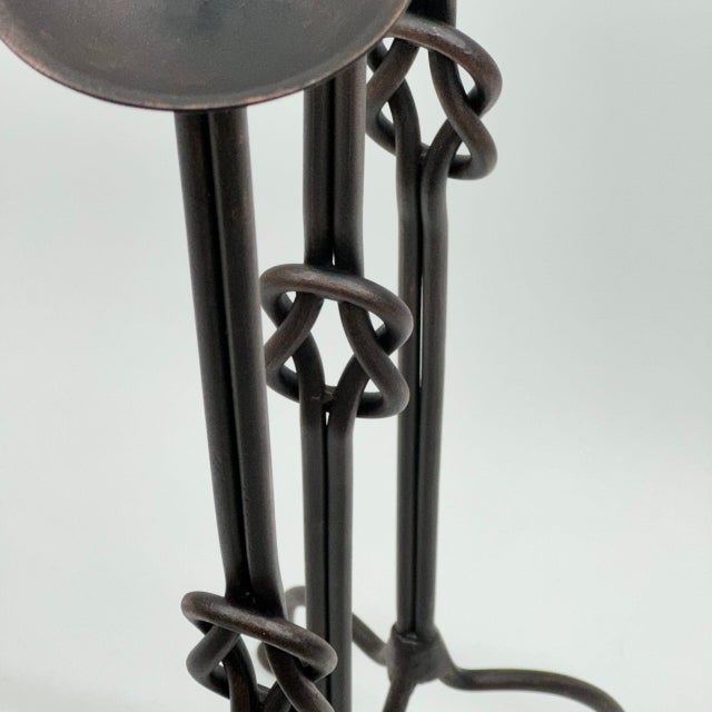Hand Forged Iron Candelabra Set of 3 (82-102cm) Antique Copper Double Stem with Hercules Knot and Arched Base For Sale - Image 9 of 11