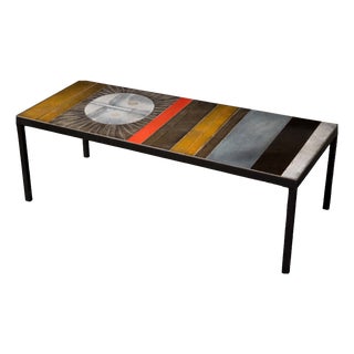 Soleil Glazed Ceramic and Metal Structure Coffee Table by Roger Capron, 1975 For Sale