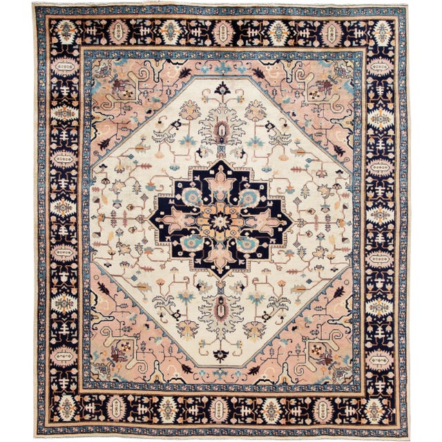Vintage Persian Heriz Handmade Ivory Medallion Wool Rug For Sale - Image 9 of 9