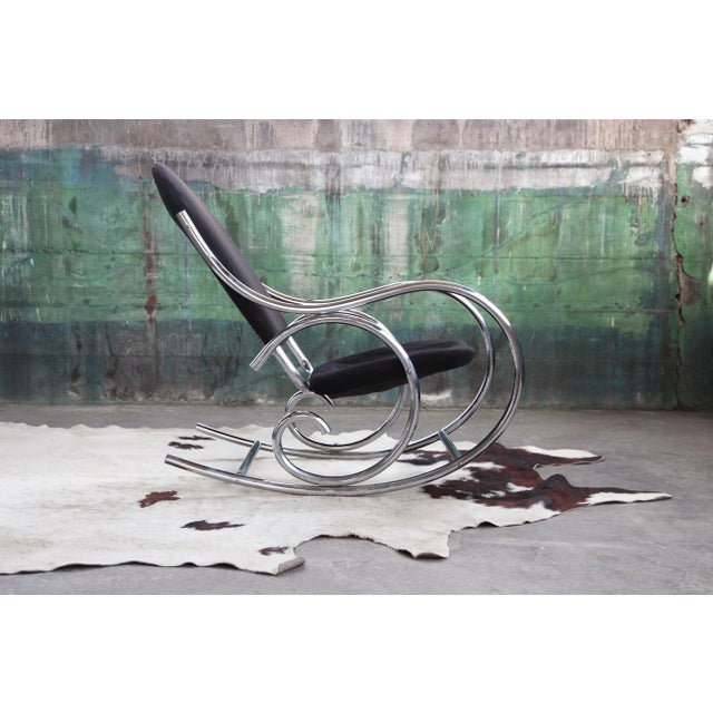 70s Sculptural Chrome + Black Velour Rocking Chair Rocker Manner Milo Baughman For Sale - Image 10 of 14
