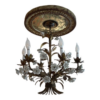 Vintage Mid 20th Century Tole and Porcelain 6 Arm Chandelier For Sale
