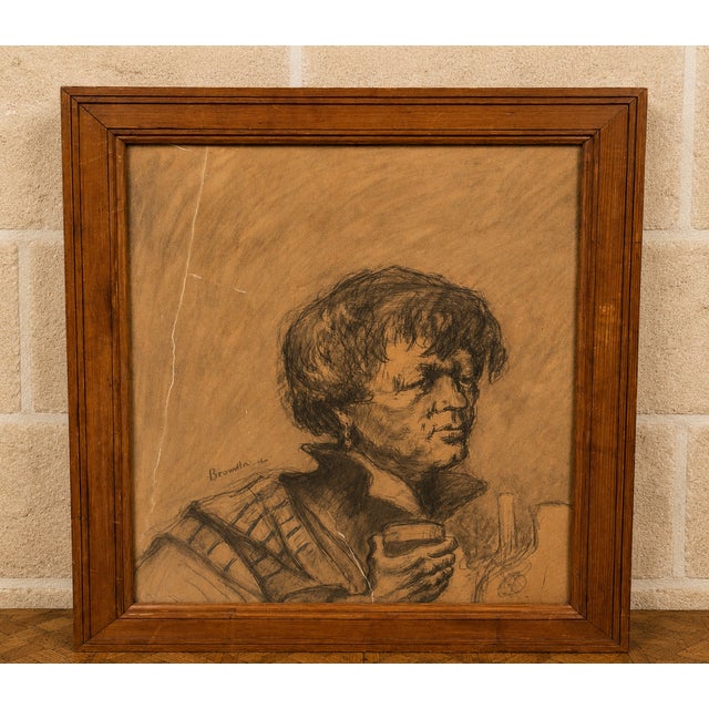 Important Charcoal Drawing on Paper Portrait of a Woman with a Glass Signed and Dated 1947, 1920s, Charcoal For Sale - Image 6 of 6
