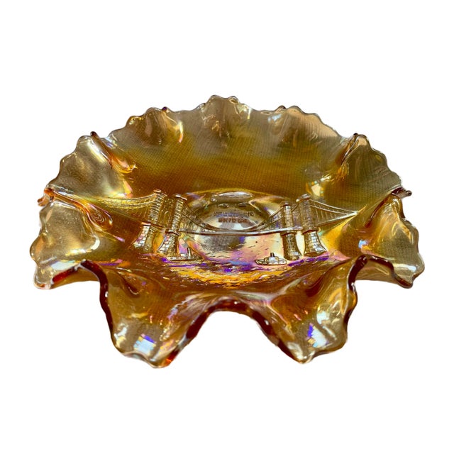 Peach 1910s Opalescent Brooklyn Bridge Bowl With Ruffled Edges by Dugan For Sale - Image 8 of 8