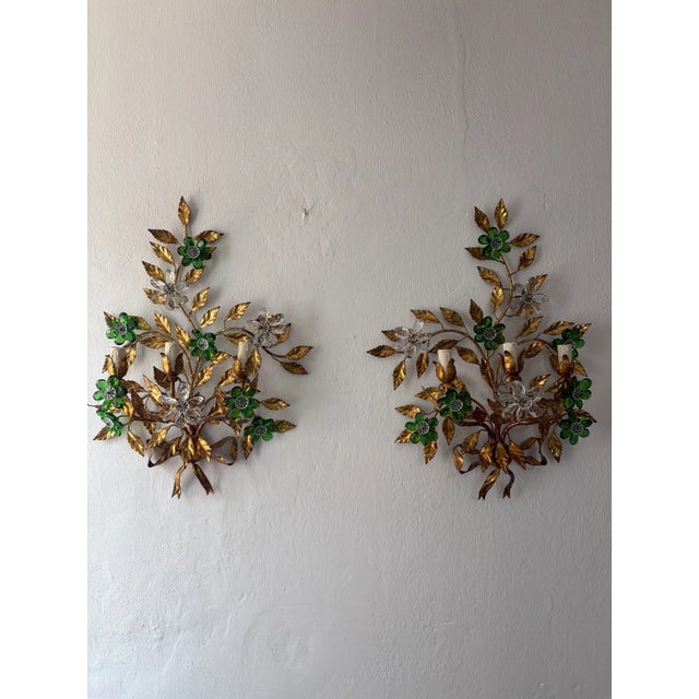 Maison Baguès Style 3 Lights Green Crystal Flowers Tole Bow Sconces, Circa 1940 For Sale - Image 4 of 13