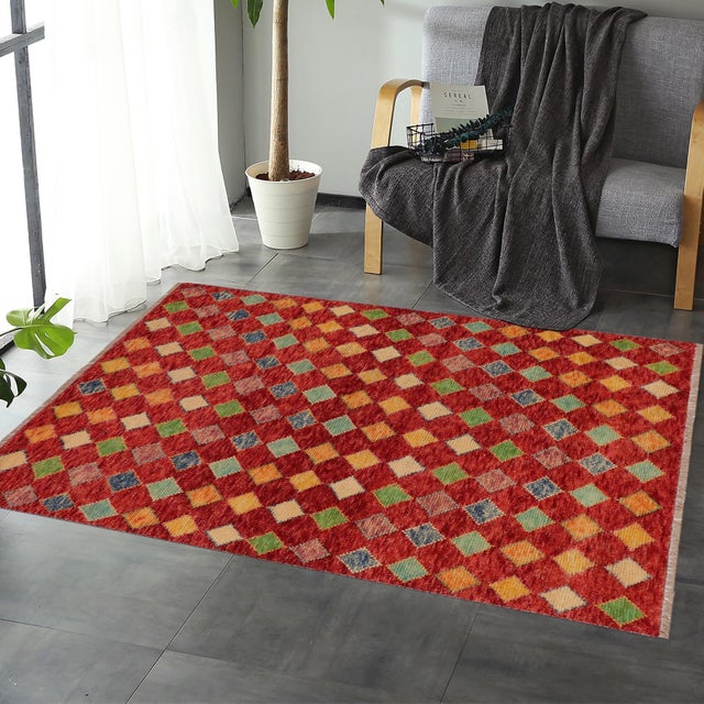 Abstract Modern Balochi Red/Blue Wool Rug - 3'3''x5'0'' For Sale - Image 3 of 11