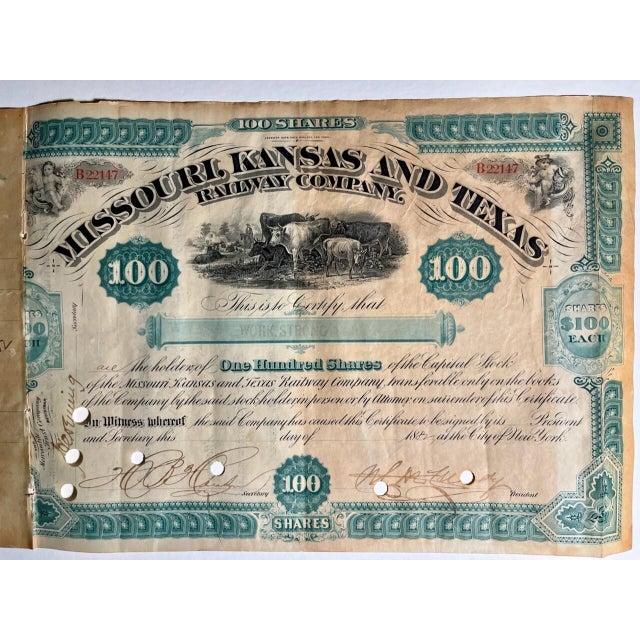 Antique 1882 Missouri-Kansas-Texas Railway Stock Certificate 100 Shares Framed For Sale In Los Angeles - Image 6 of 12