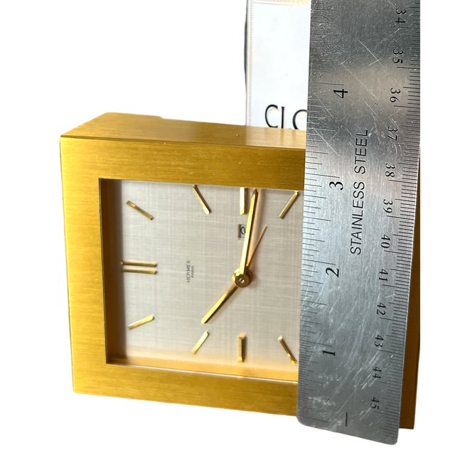 Vintage Hermès 8-Day Brushed Gilt Brass and Silk-Textured Silver Desk Clock — Swiss, C. 1960s–70s For Sale - Image 16 of 16