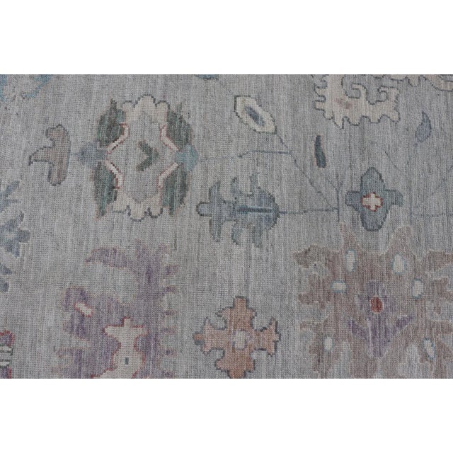 2020s All Over Modern Floral Oushak With a Light Blue-Gray Field and Border With Color For Sale - Image 10 of 13