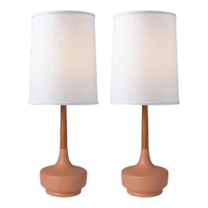 Mid-Century Table Lamp Ceramic & Teak—Brooke Desert Rose—Pair