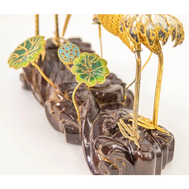 Vintage Chinese Metal Gilt Filigree and Enamel Cranes Figures on Wooden Stand For Sale - Image 12 of 12