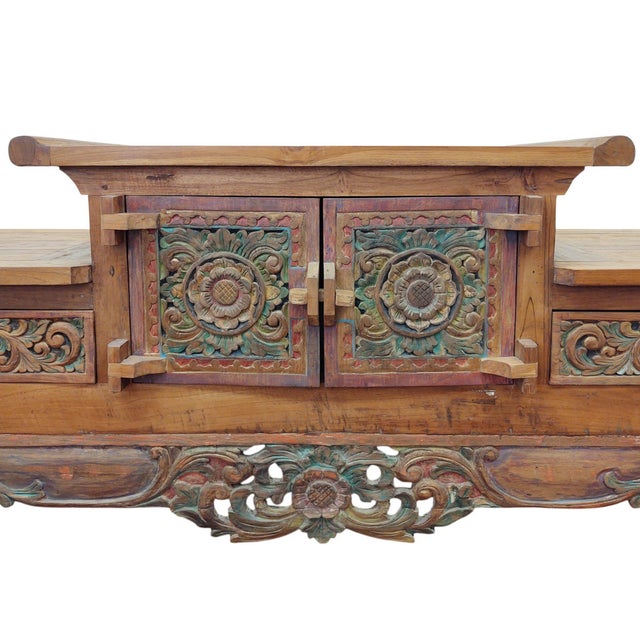 Large Mid-Century Balinese Hand-Carved Teak Sideboard - Hi-Lo Altar Cabinet For Sale - Image 4 of 18