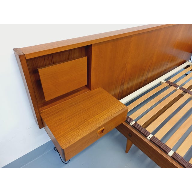 Wood Vintage Scandinavian Style Double Bed in Teak with Integrated Illuminated Bedside Tables and Slatted Base, 1960s For Sale - Image 7 of 18