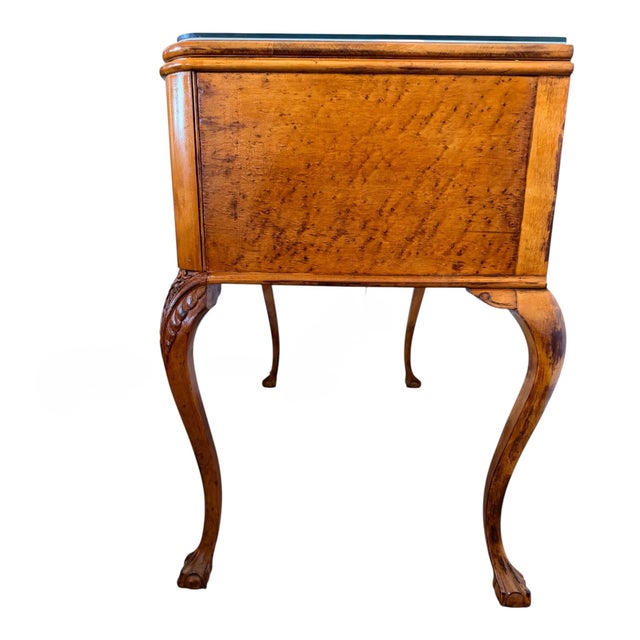 Vintage 1930s Queen Anne Style Burl Wood Writing Desk With Beveled Glass Top For Sale - Image 13 of 17