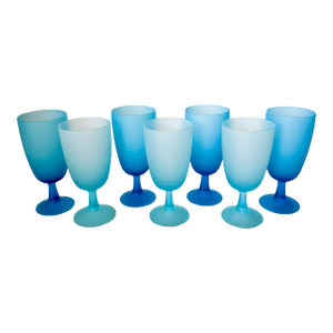 1960s Carlo Moretti Italy Satinato Frosted Blue Wine Water Glasses - Set of 7