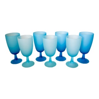1960s Carlo Moretti Italy Satinato Frosted Green Wine Water Glasses - Set of 7 For Sale