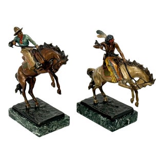 Fine Quality Pair of Vintage Cold Painted Austrian Bronze & Marble Cowboy & Indian Horse Figures Circa Mid 1900s For Sale