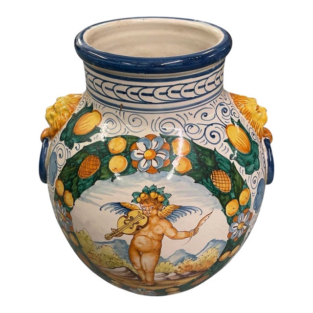 Vintage Italian Majolica Style Lion-Head Lemon Motif Ceramic Urn Vase For Sale