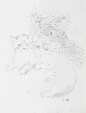 Heene Nevor, Portrait of Cats, Original Drawing, 1970s