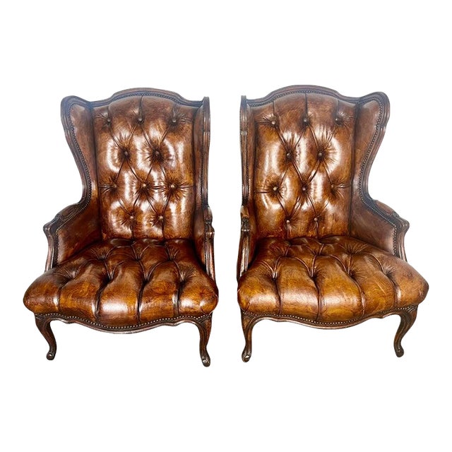 Pair of French Leather Tufted Wingback Chairs C. 1930 For Sale