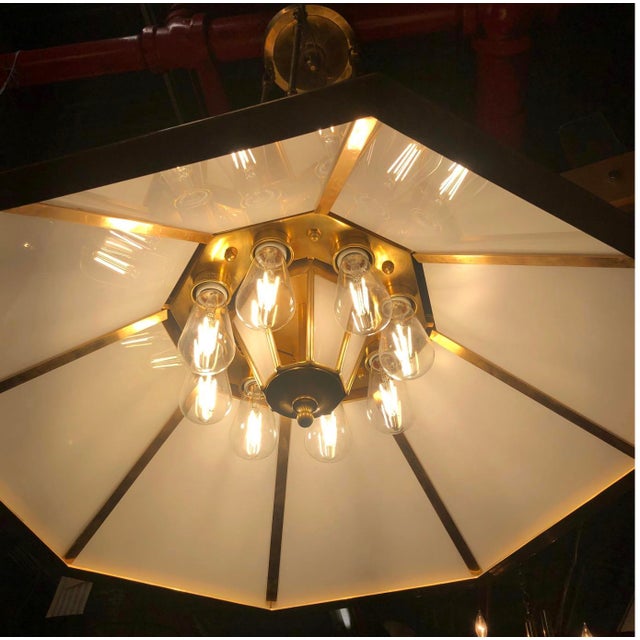Metal Late 20th Century Ralph Lauren Art Deco Chandelier in Brass and Milk Glass For Sale - Image 7 of 10