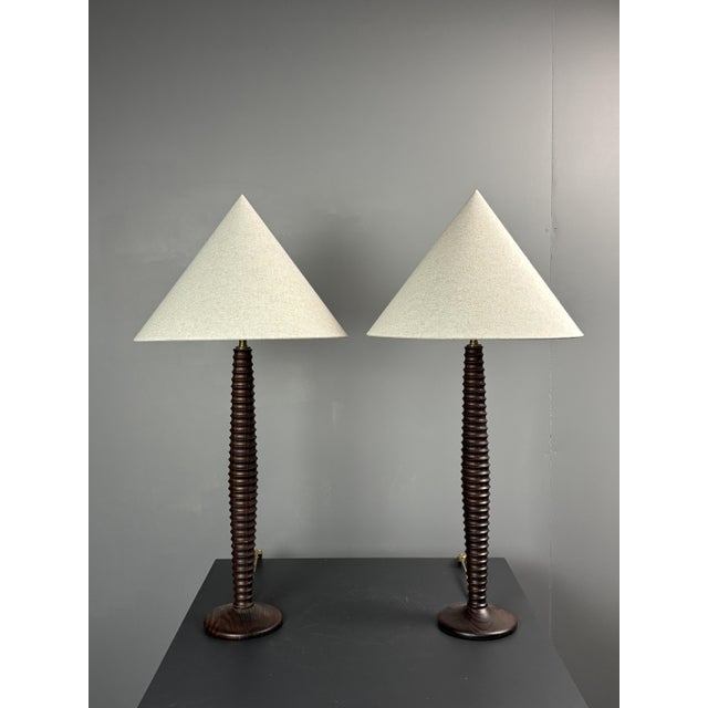 Brown Mid-Century French Turned Wood Table Lamps in the style of Charles Dudouyt, 1970s, Set of 2 For Sale - Image 8 of 11