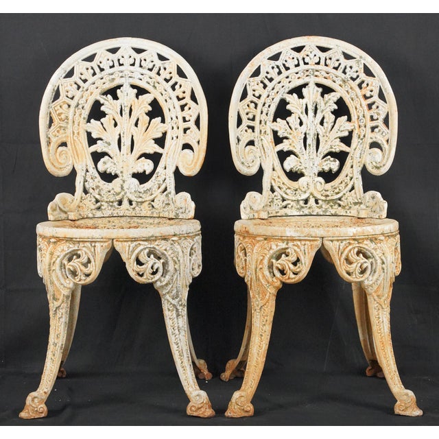Victorian Early 20th Century Set of 4 Victorian White Cast Iron Garden Chairs For Sale - Image 3 of 9