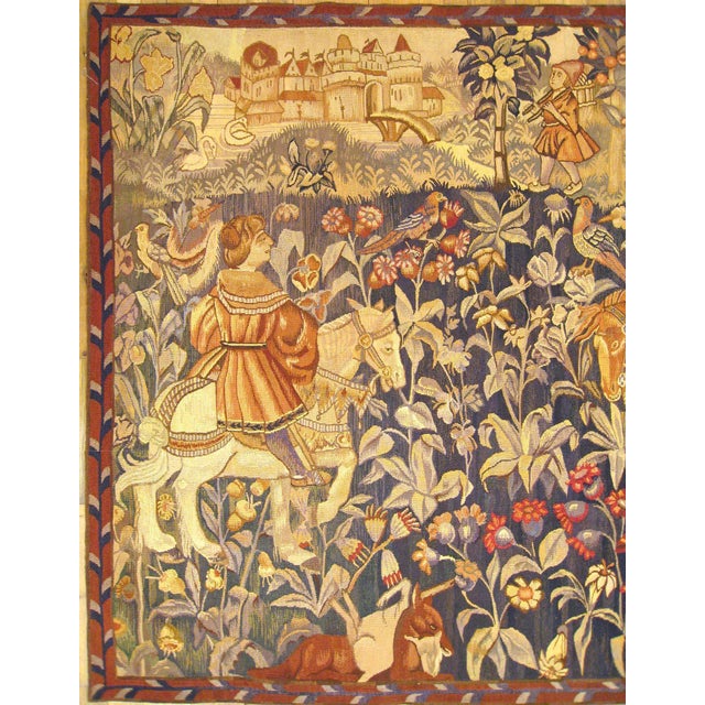 French Late 19th Cent. French Hunting Tapestry, Riders on Horses in Mille Fleurs Setting For Sale - Image 3 of 4