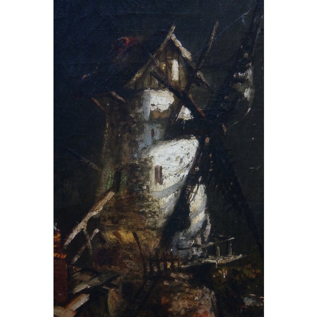 Antique 19th C. Barbizon Dutch School Oil Painting Windmill Moonlight Landscape For Sale - Image 6 of 12