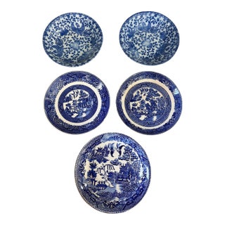 Vintage Blue and White Porcelain Decorative Set of 5 Plates Made in Japan For Sale