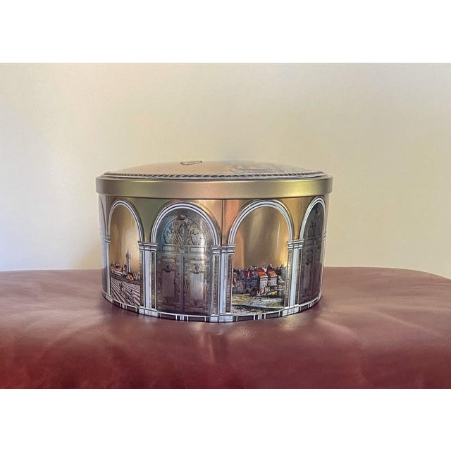 Metal Mid 20th Century Scenic Gold Oval Tin Box For Sale - Image 7 of 8