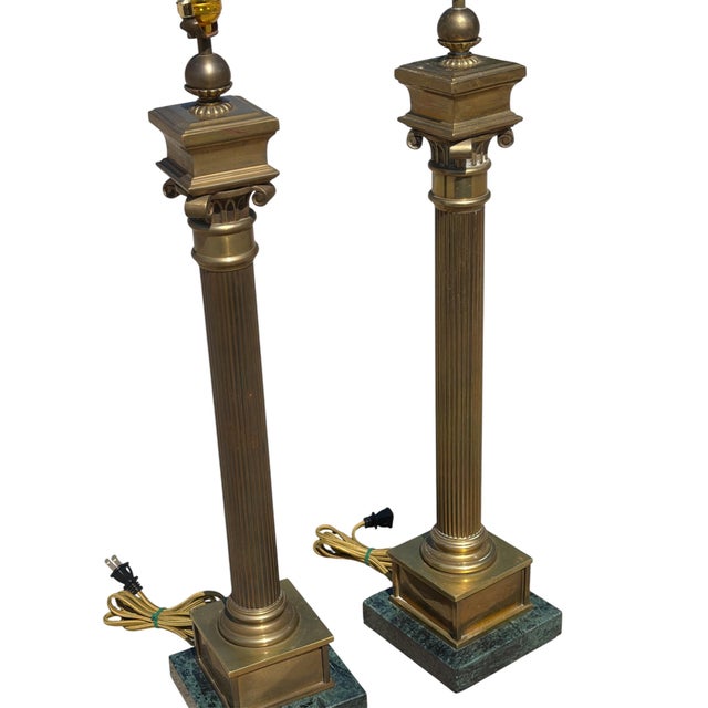 1980s Vintage Chapman Lamps, Heavy Brass Columns and Heavy Marble Bases. New Wire and Socket - Pair For Sale - Image 5 of 7